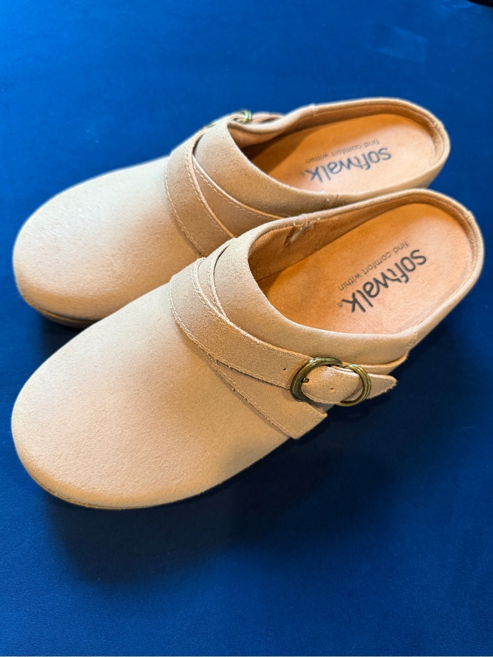 SoftWalk Beige Suede Buckle Clog Mules, like new, size 10